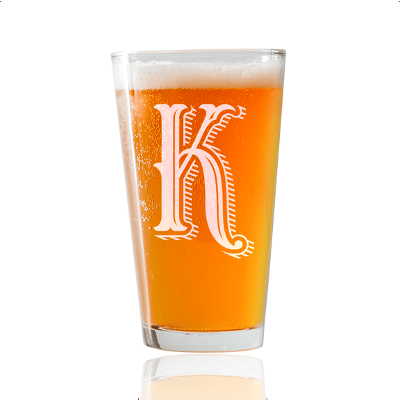 Monogram K |16oz Pint Glass | Laser etched, dishwasher safe,  Made in the USA.