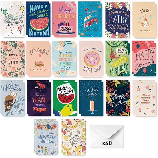 Rileys & Co Birthday Cards Assortment, Hand-Illustrated, Envelopes Included, Bulk Variety Pack (40-Pack)