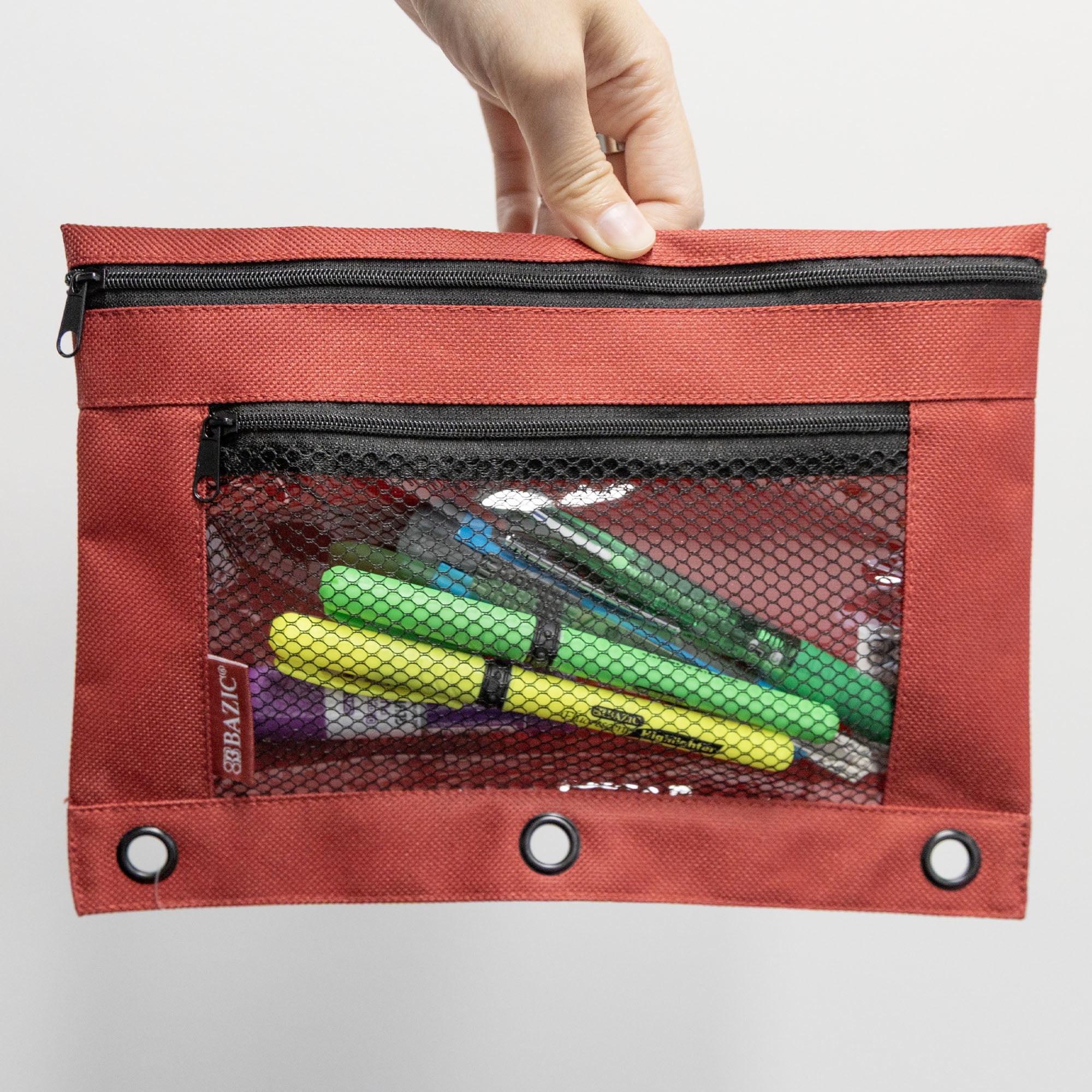 BAZIC 3 Ring Pencil Pouch, Mesh Window, Double Zipper, Assorted Color, 24-Pack