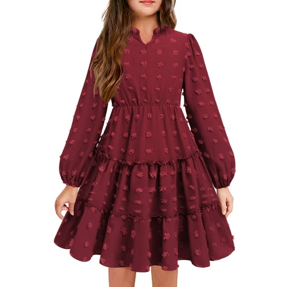 Oudiya Girls Swiss Dot Long Sleeve Dress V Neck Ruffle Tiered Casual Party Dress, 5-13Y