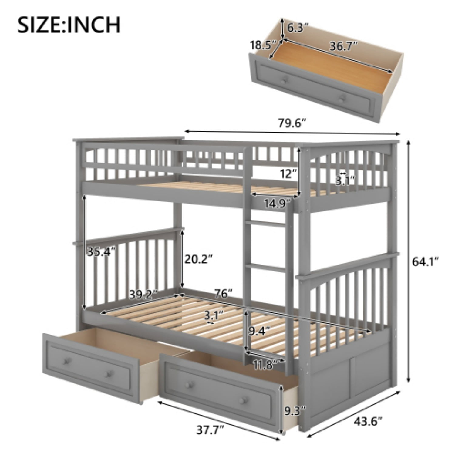 Twin Over Twin Bunk Bed with Storage Drawers, Convertible Wood Bunk Bed with Safety Guardrails, Solid Pine Wood Kids Bed Frame for Bedroom, Gray