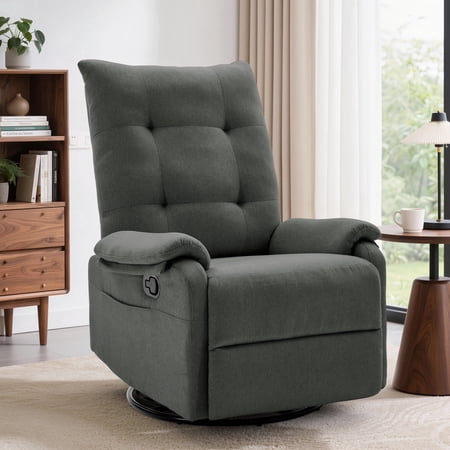 GEEYOO 360°Swivel Rocker Recliner Chair for Adults with Side Pockets,Small Recliner Chair for Small Spaces,Modern Swivel Glider Recliner for Living Room,Linen,Dark Grey