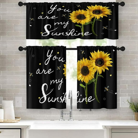 Sunflower Kitchen Curtains Summer Bees Window Curtains Valance and Tier Set 36 Inch, Watercolor Sunshine Rod Pocket Short Tier Curtain, Black Background Small Kitchen Decor