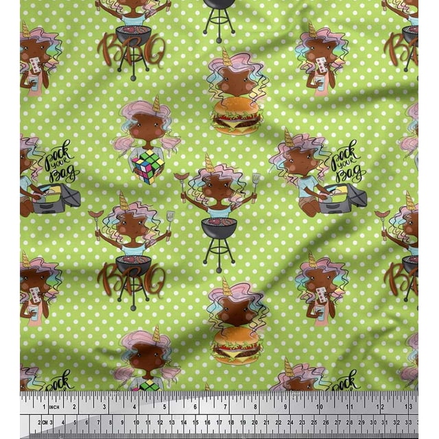 Soimoi Polyester Crepe Fabric Dot,Text & Unicorn Girl Cartoon Print Sewing Fabric Yard 52 Inch Wide