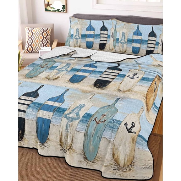 Blue Coastal King Size Down Alternative Comforter, Lightweight Comforter Quilt Bedding Set with Pillow Shams Ocean Nautical Anchor Wood Barn Beach All Seasons Bed Comforter Duvet Insert 96"x106"