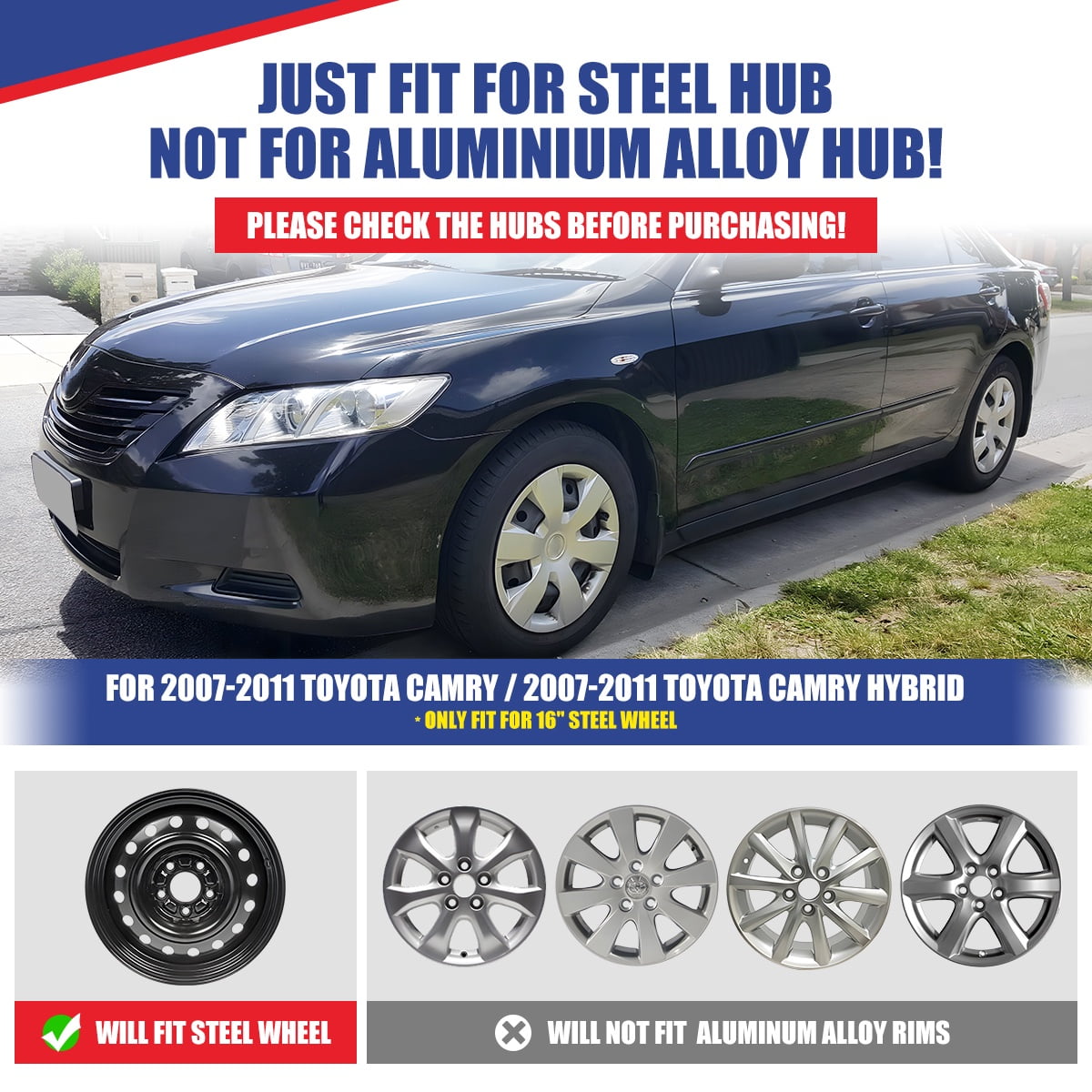 (4 Pack)16" Set of 4 Hubcaps Wheel Rims Cover for 2007-2011 Toyota Camry /2007-2011 Toyota Camry Hybrid Compatible with Steel Wheels Snap on Installation(16-inch,Lacquer)