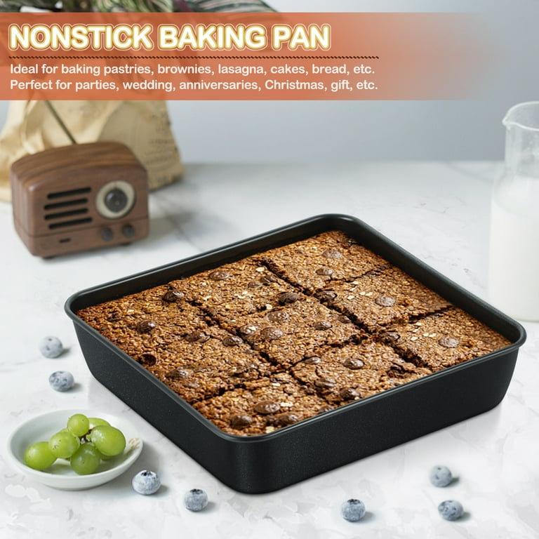 LIANYU 8 x 8 Inch Square Cake Pan with Lid, Stainless Steel Baking Pans,  Black Nonstick Lasagna Brownie Bread Pan with Plastic Covers, 2 Pans + 2