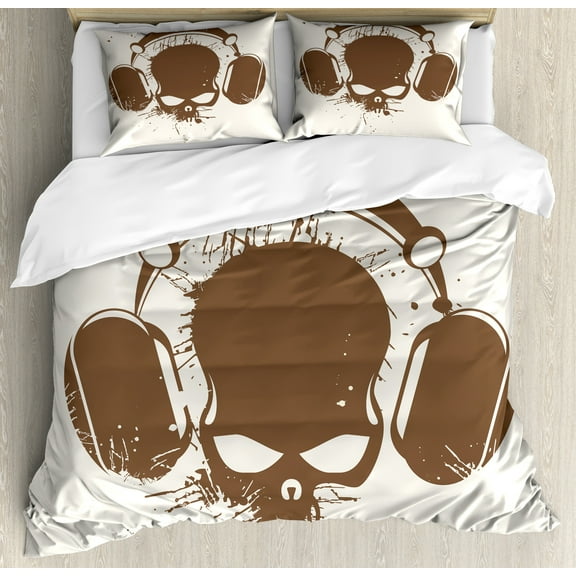 Music Duvet Cover Set, Skull with Headphones Listening Dead DJ Grunge Retro Style Graphic Print, Decorative 3 Piece Bedding Set with 2 Pillow Shams, Queen Size, Pale Caramel Cream, by Ambesonne