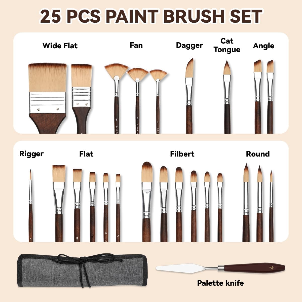 JJEAN-25pcs Paint Brush Set,Professional Artist Paintbrush kit with Flat, Filbert, Fan, Dagger, Cat Tongue, Round, Angle, Spatula,Rigger for Oil, Acrylic Canvas Paintings, Body Face Painting (A)