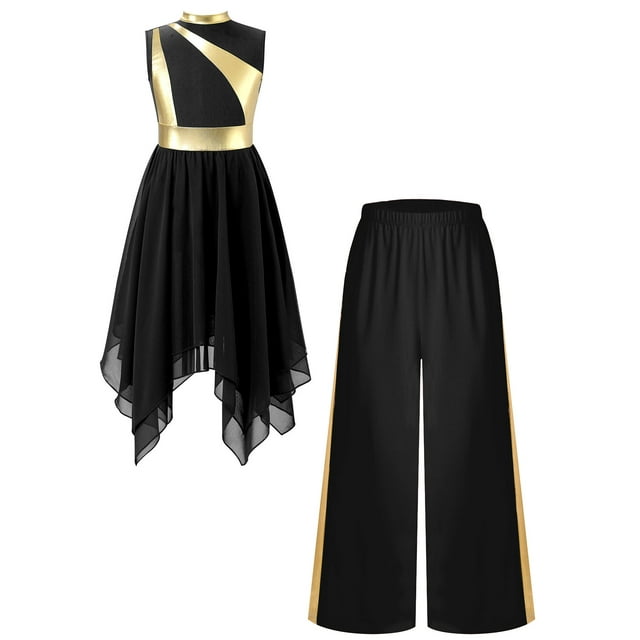 Aiihoo Robe de Danse Lyrique pour Filles Robe Asymétrique d'Église Lituricale avec Pantalon Palazzo Tunique de Culte Noire 14