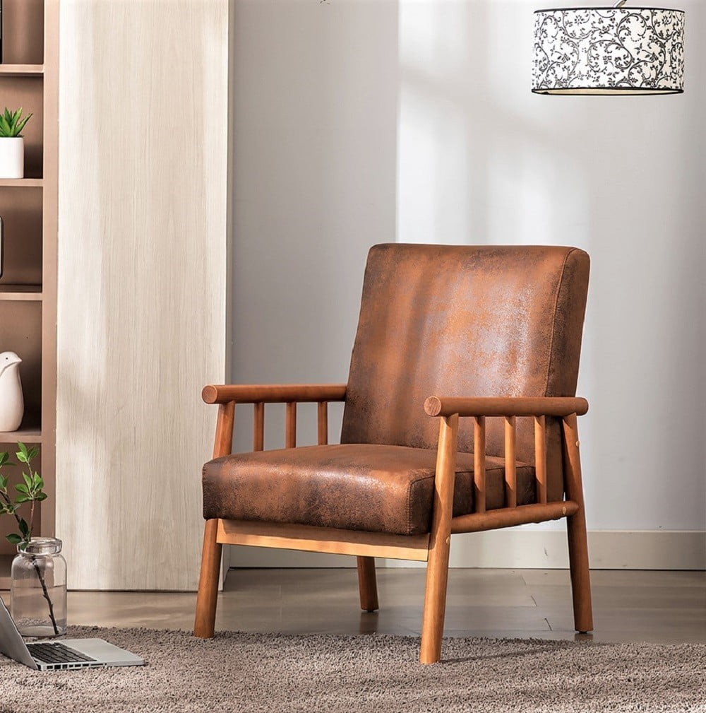 Mid Century Modern Accent Chair, 25" Wide Upholstered Armchair with Solid Wood Frame, Padded Seat & Arms, Dark Brown Lounge Chair for Living Room & Bedroom, Light Brown