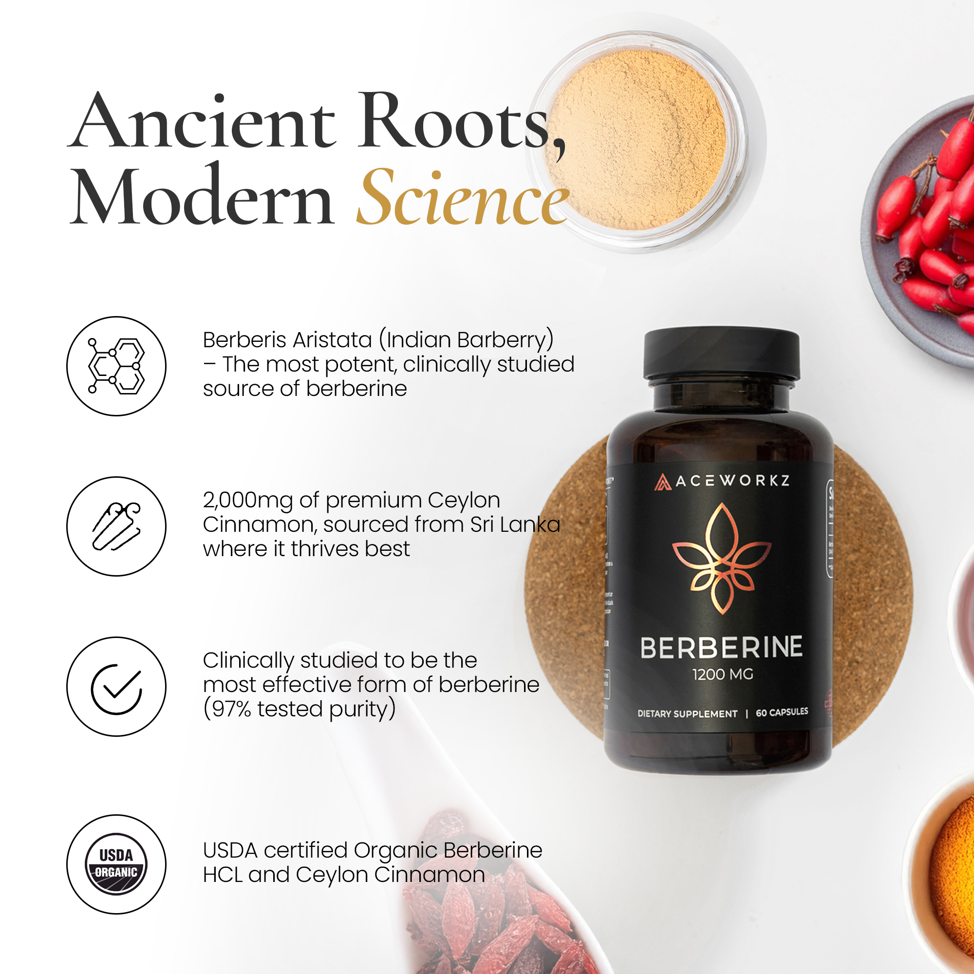 Berberine Supplement – Organic Berberine HCL 1200mg and Ceylon Cinnamon 2000mg – Weight Management & Cravings Support – Gut & Metabolic Support - Enhanced Absorption With BioPerine® (60 Capsules)