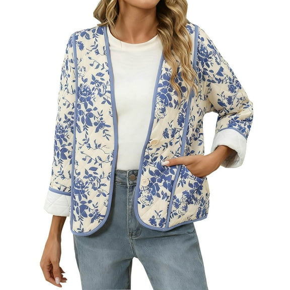Cropped Puffer Jacket for Women Floral Button Down Jackets Casual Lightweight Quilted Coat Blue M
