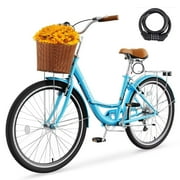 7 Speed 26IN Beach Cruiser Bike for Adult with Basket & Lock, Lightweight Step Through Women Bicycles, Shimano City Commuter Bicycle for Women Men, Shoping and Exercise