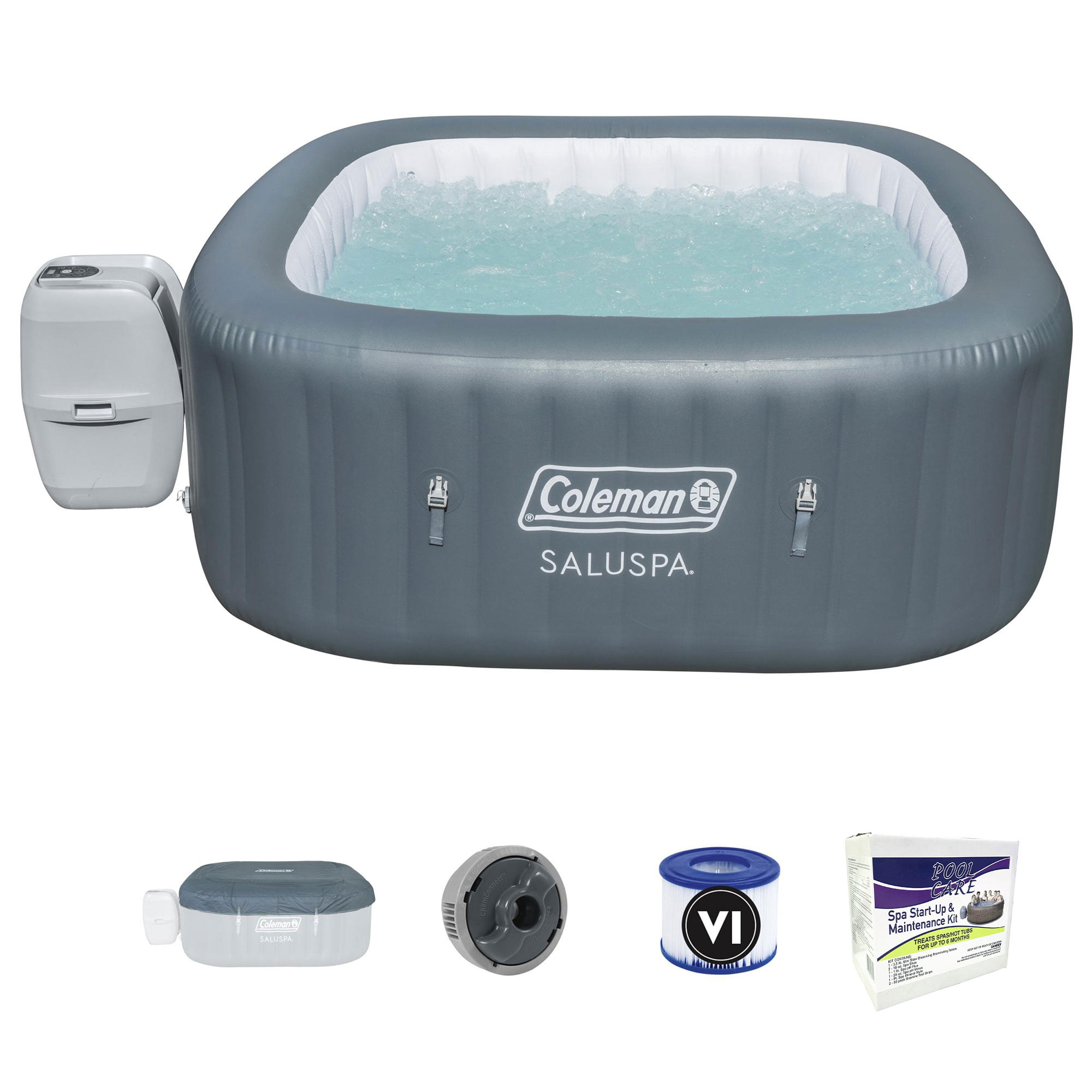 Coleman SaluSpa 4 Person Inflatable Spa Black & Qualco 6 Month Chemical Kit 