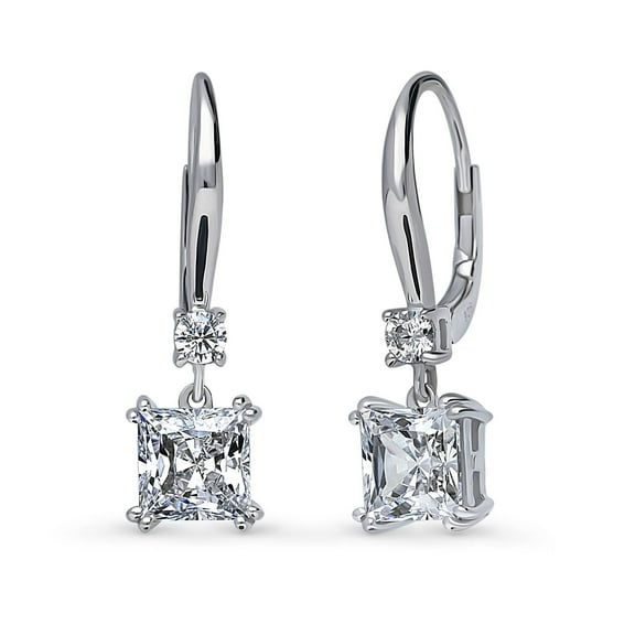 BERRICLE Sterling Silver Solitaire 3.2 Carat Princess Cut Cubic Zirconia CZ Anniversary Leverback Dangle Drop Earrings for Women, Rhodium Plated