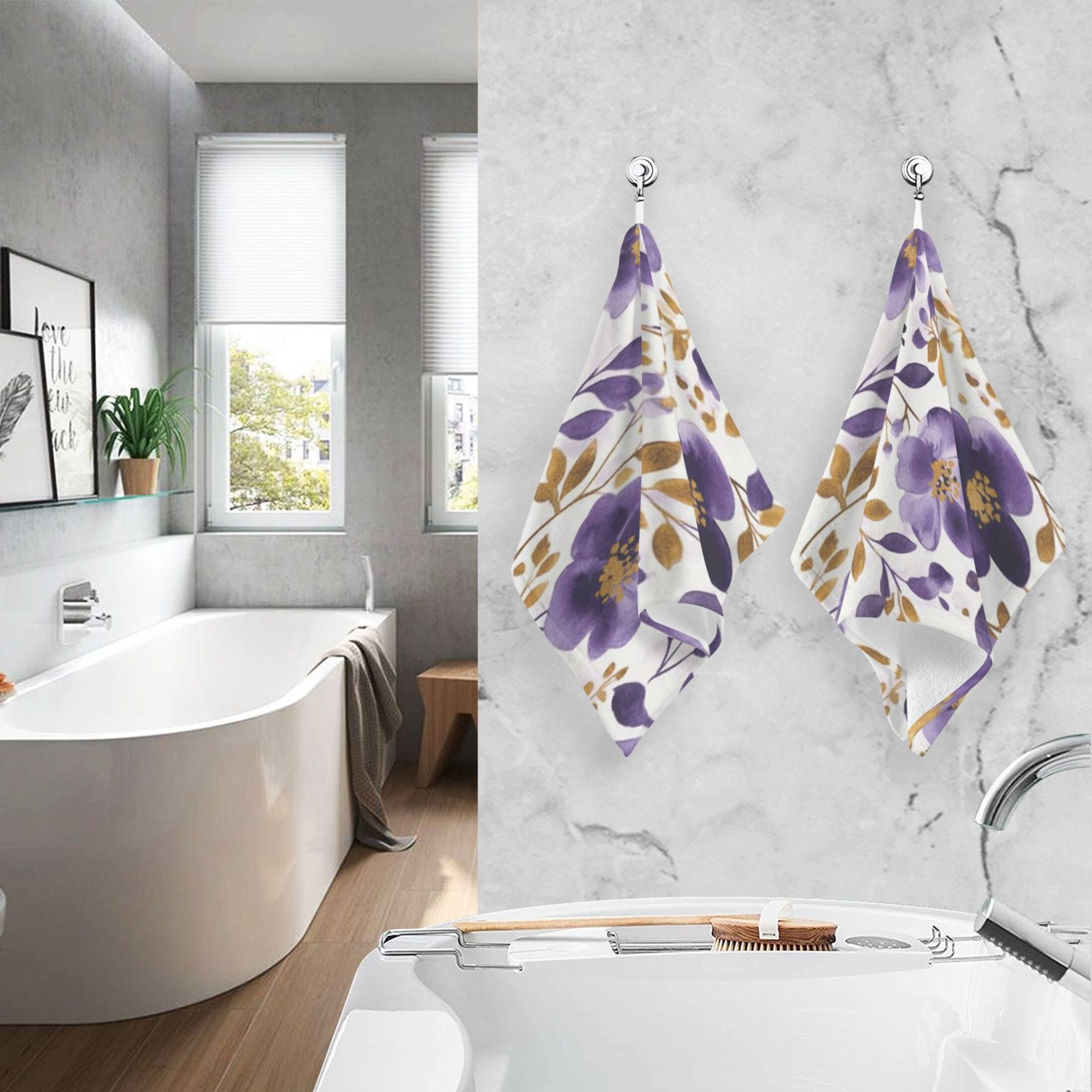 2 Pcs Absorbent Face Towel Bath Hand Towels Soft Breathable Cotton Towel Set for Bathroom Kitchen Hotel Spa Decor Purple and Gold Floral