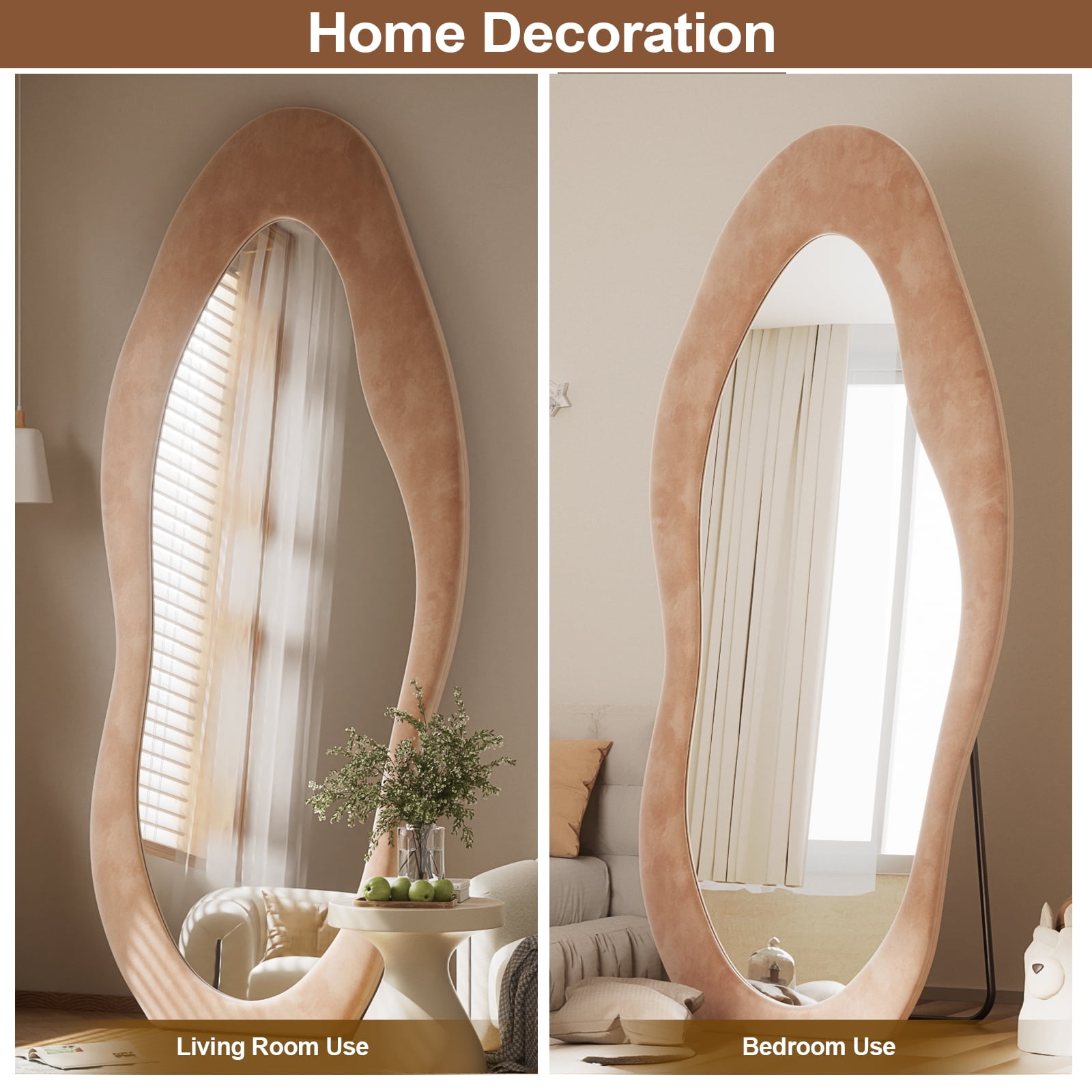 Anyrose 71"x30" Full Length Mirror Irregular Cloud Floor Mirror With Flannel Frame, Light Brown