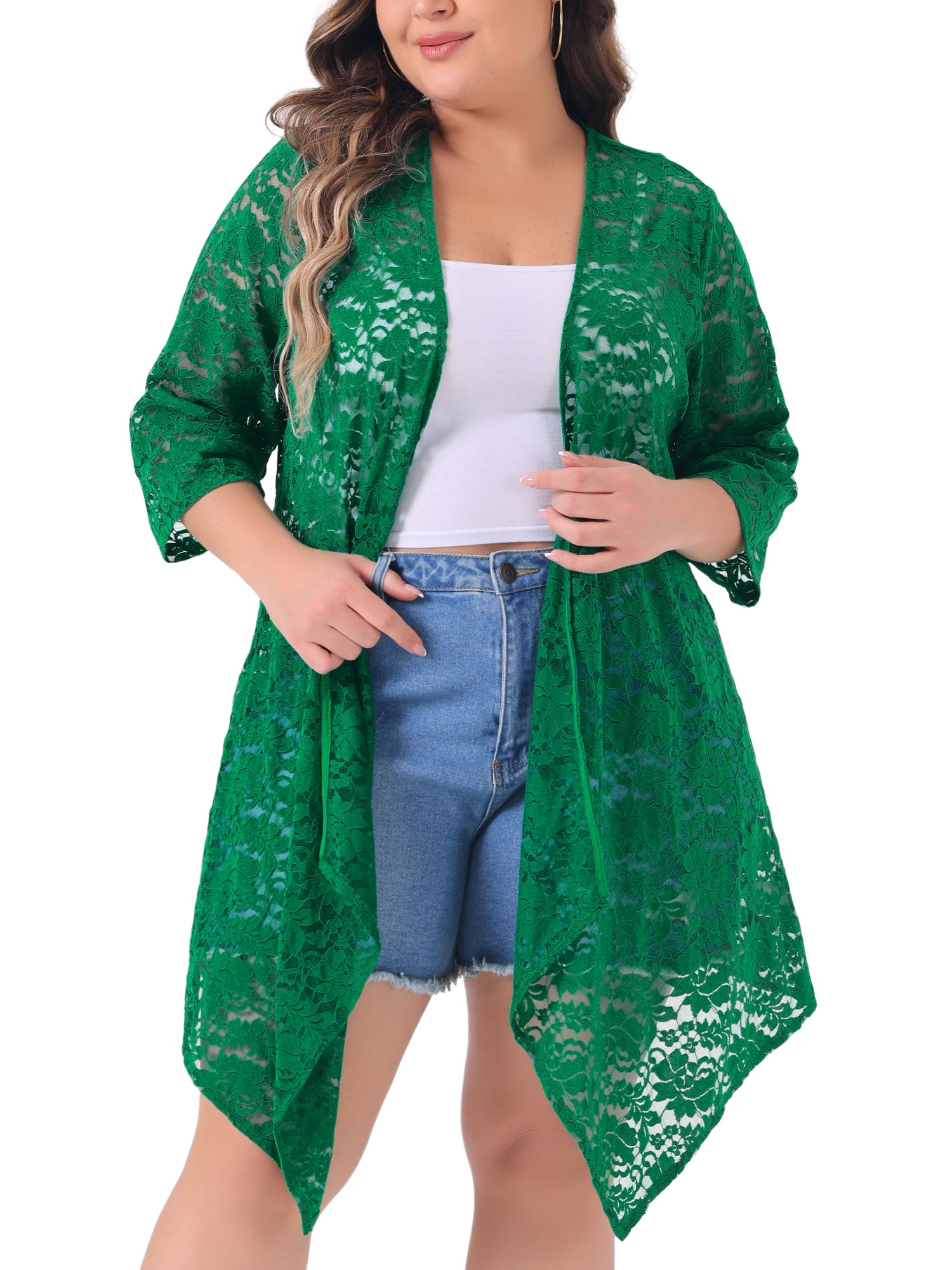 DARING DIVA Plus Size Fall 3/4 Sleeve Lightweight Lace Cardigan 4X Dark Green