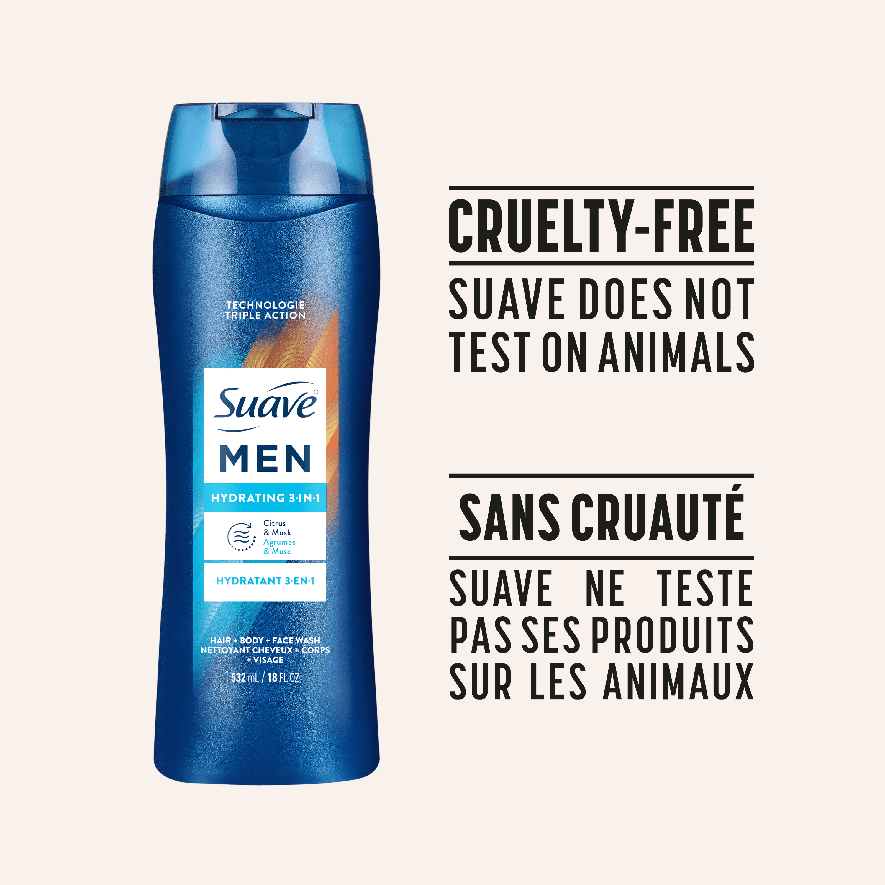 Nettoyant 3 en 1 pour le corps Suave pour hommes, nettoyant pour les cheveux, le visage et le corps, savon pour le corps pour une peau et des cheveux hydratés, un parfum frais toute la journée, 532ml