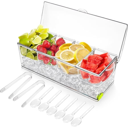 Large Ice Chilled Condiment Server with Lid, 4 Compartments Chilled Condiment Caddy, Bar Garnish Serving Platter Holder Tray for Mimosa Taco Salad Soda Lemonade Bar Supplies, 2 Tongs, 6 Forks