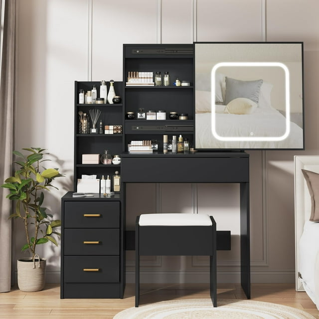 QinaQin Bedroom Dressing Table with Led Mirror, 4 Drawers, Charging Port and 3-Color Adjustable Lighting