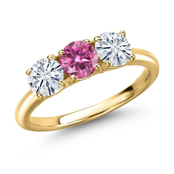 Gem Stone King 18K Yellow Gold Plated Silver Pink Moissanite and White Moissanite Engagement Ring for Women | 1.50 Cttw | Round 5MM | Gemstone Birthstone | Size 5