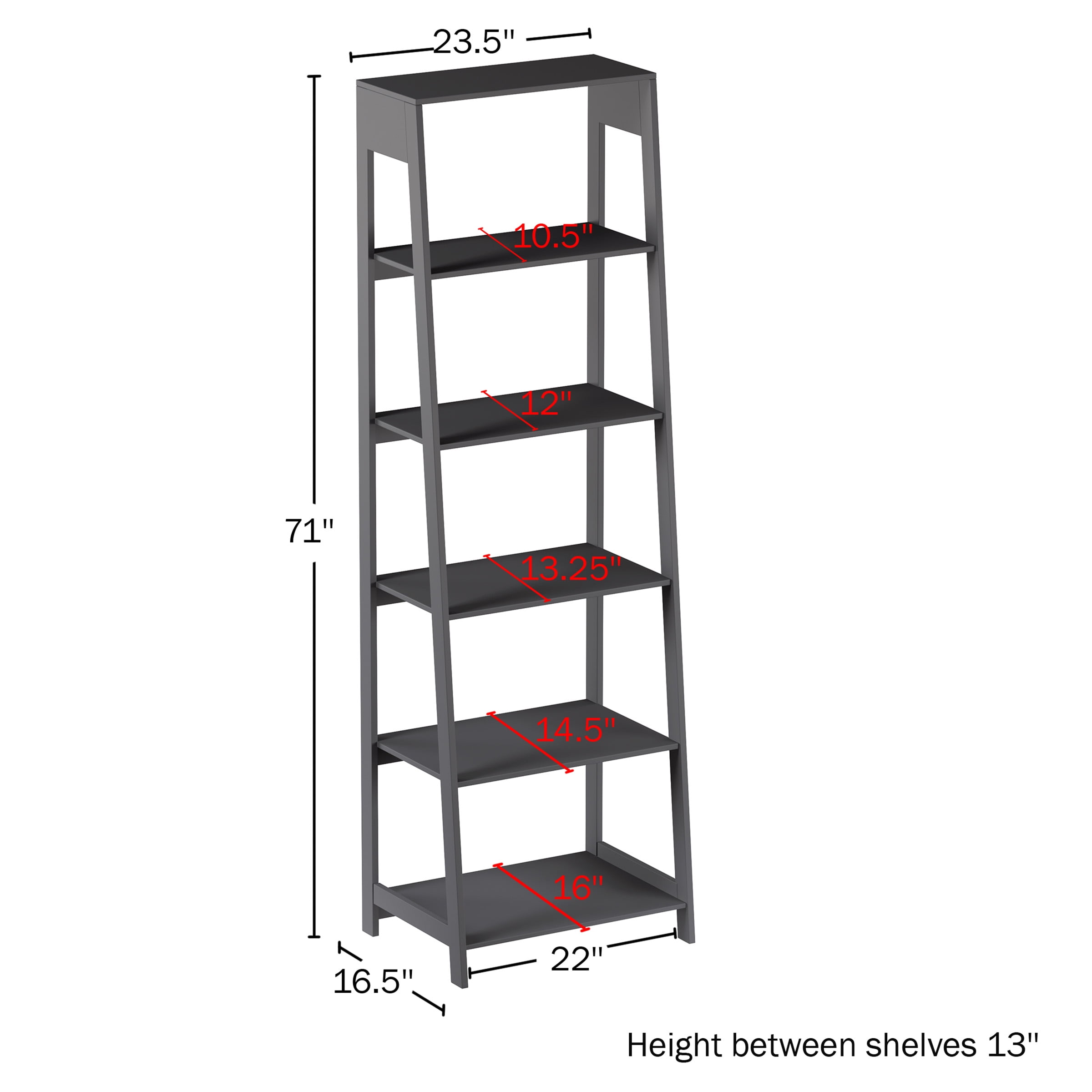 Lavish Home 5-Tier Ladder Bookshelf, Leaning Decorative Shelves for Display - Wood Shelf for Living Room, Bathroom, and Kitchen Storage, Gray