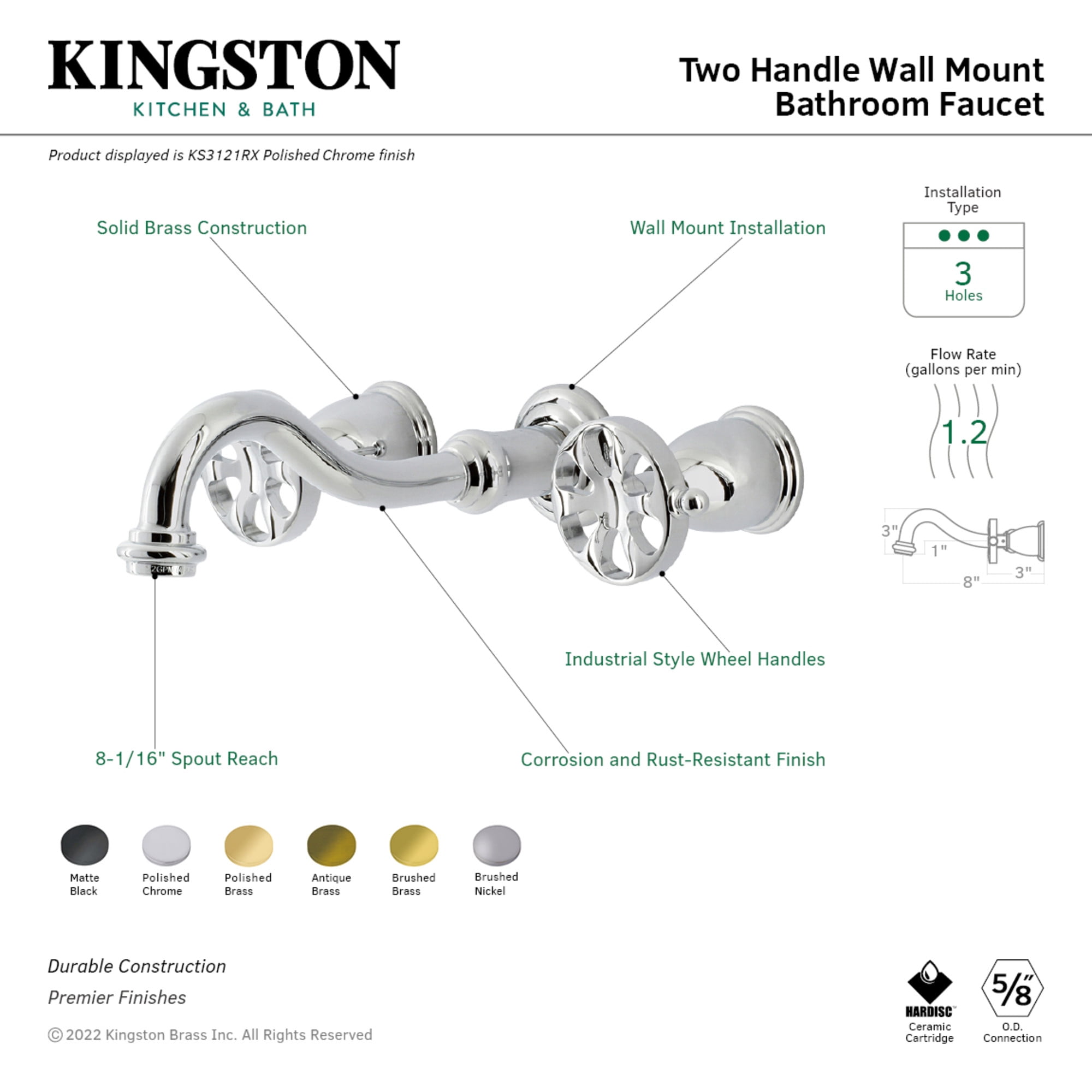 Kingston Brass KS3120RX Belknap Double-Handle Wall Mount Bathroom Faucet, Matte Black