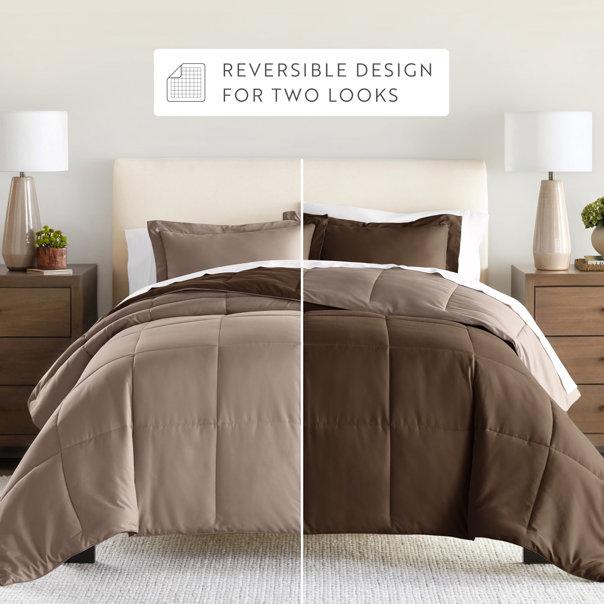 All Season Reversible Comforter Set Breathable Cool in Taupe & Chocolate Brown Full/Queen Size Bedding by Comfort Canopy