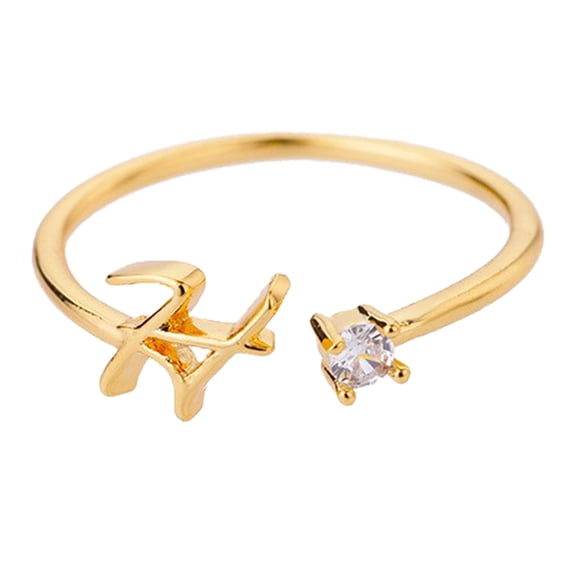 Gold Rhinestone Initial Letter Ring Elegant Open Design Jewelry For Women Stylish Alphabet Band Sparkling Cubic Zirconia
