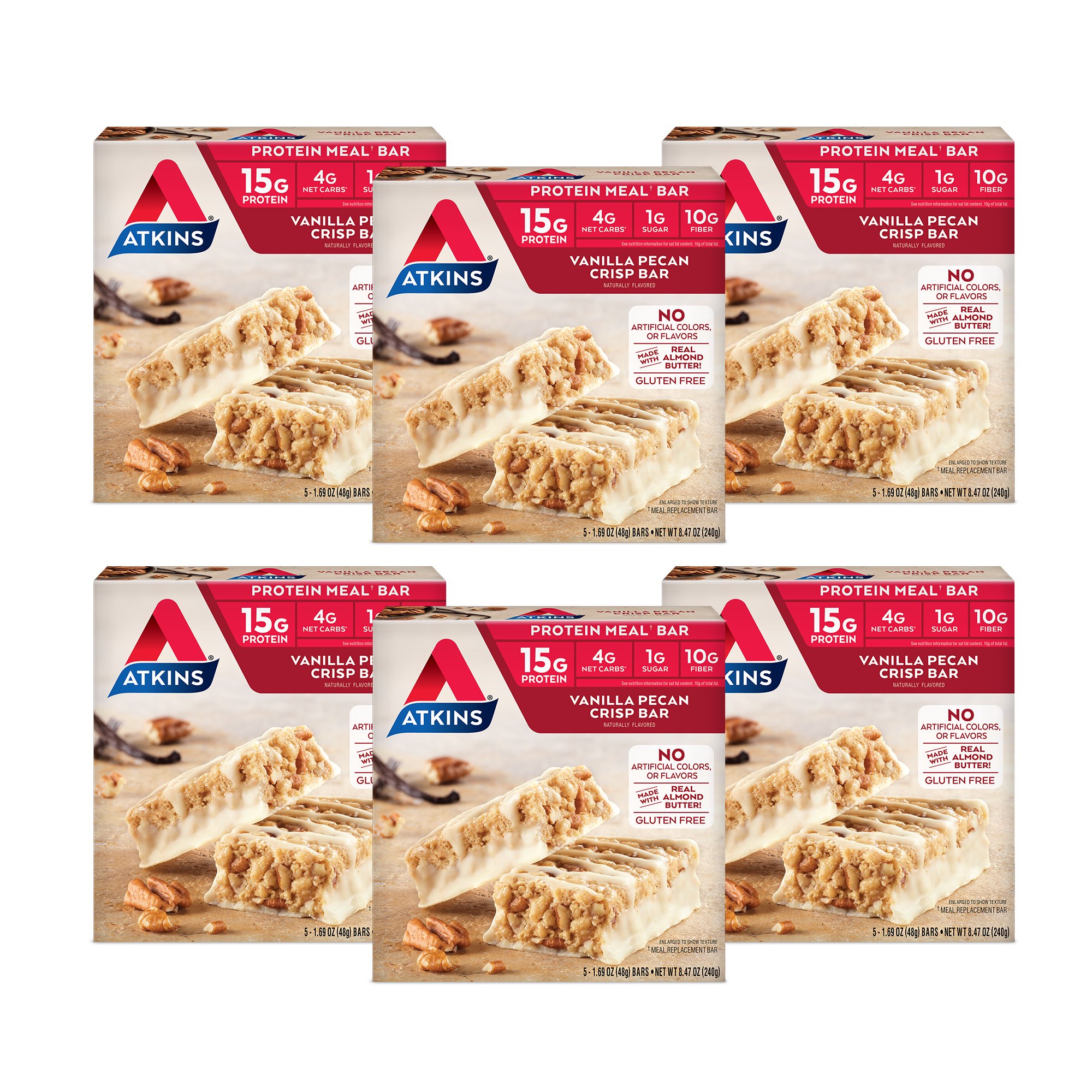 Atkins Vanilla Pecan Crisp Protein Meal Bar, High Fiber, Low Sugar, Meal Replacement, Keto Friendly, 6/5 Packs
