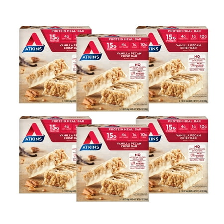 Atkins Vanilla Pecan Crisp Protein Meal Bar, High Fiber, Low Sugar, Meal Replacement, Keto Friendly, 6/5 Packs
