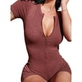 thumbnail image 2 of Liacowi Women Short Sleeve Bodycon V Neck Buttons Rompers Shorts Knitted One Piece Bodysuit Overall, 2 of 5