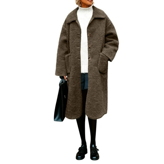 Women's Fuzzy Fleece Trench Coats Lapel Button down Long Outerwear Warm Winter Jackets with Pockets New Fashion Jackets for Women Brown S