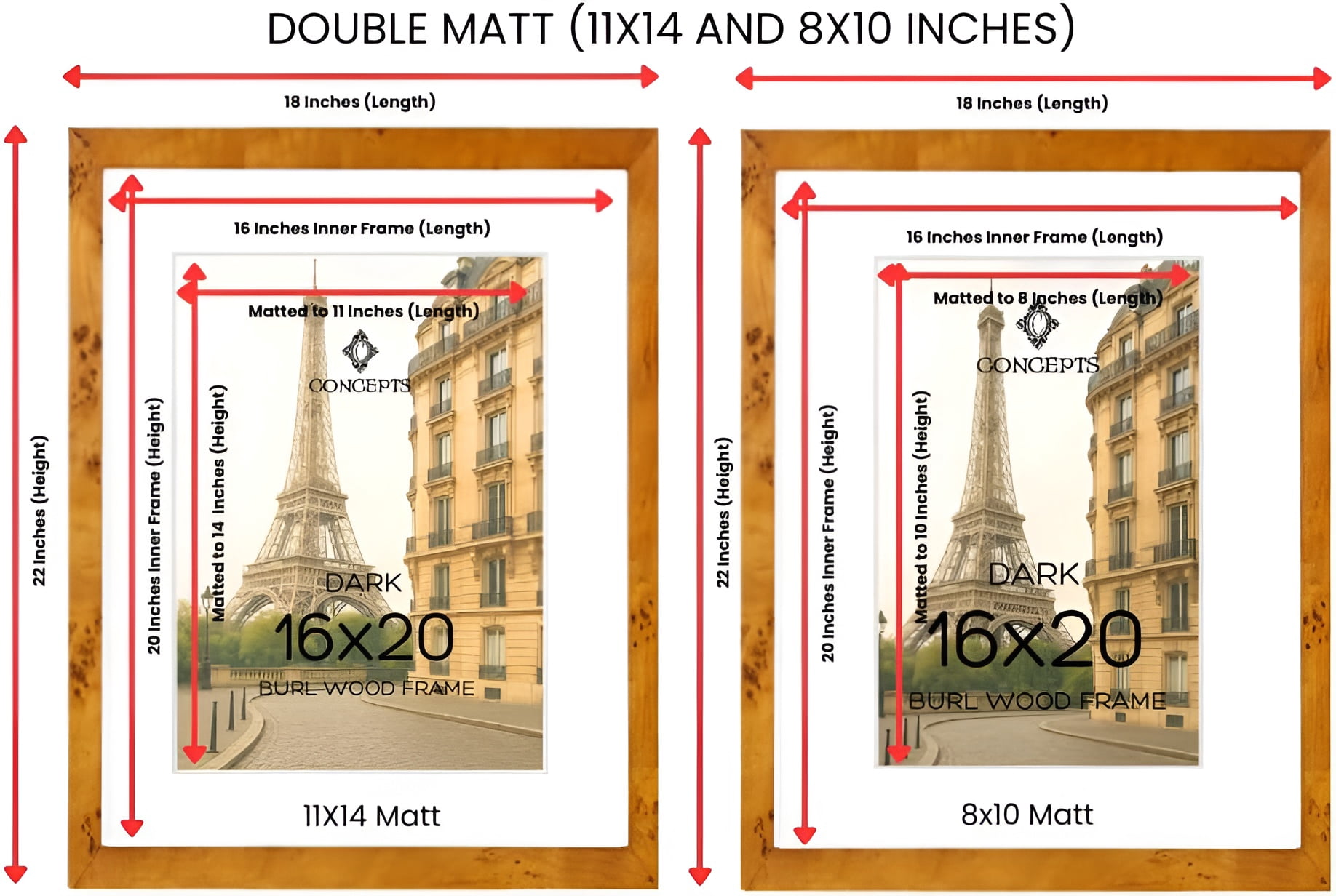 Concepts 16x20 Matted to 11x14 Picture Frames,  Dark Burlwood Photo Frames for Wall, Tabletop (Set of 4)