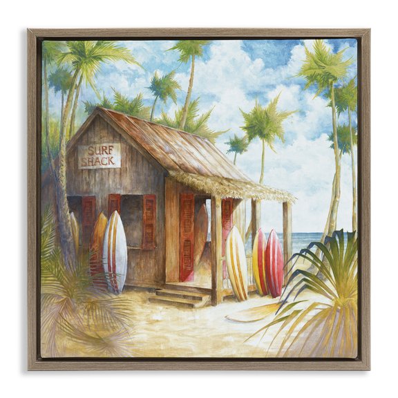 Stupell Industries Coastal Summer Surf Shack Brown Floating Frame Canvas Art, 18 x 18, by Cloverfield & Co.