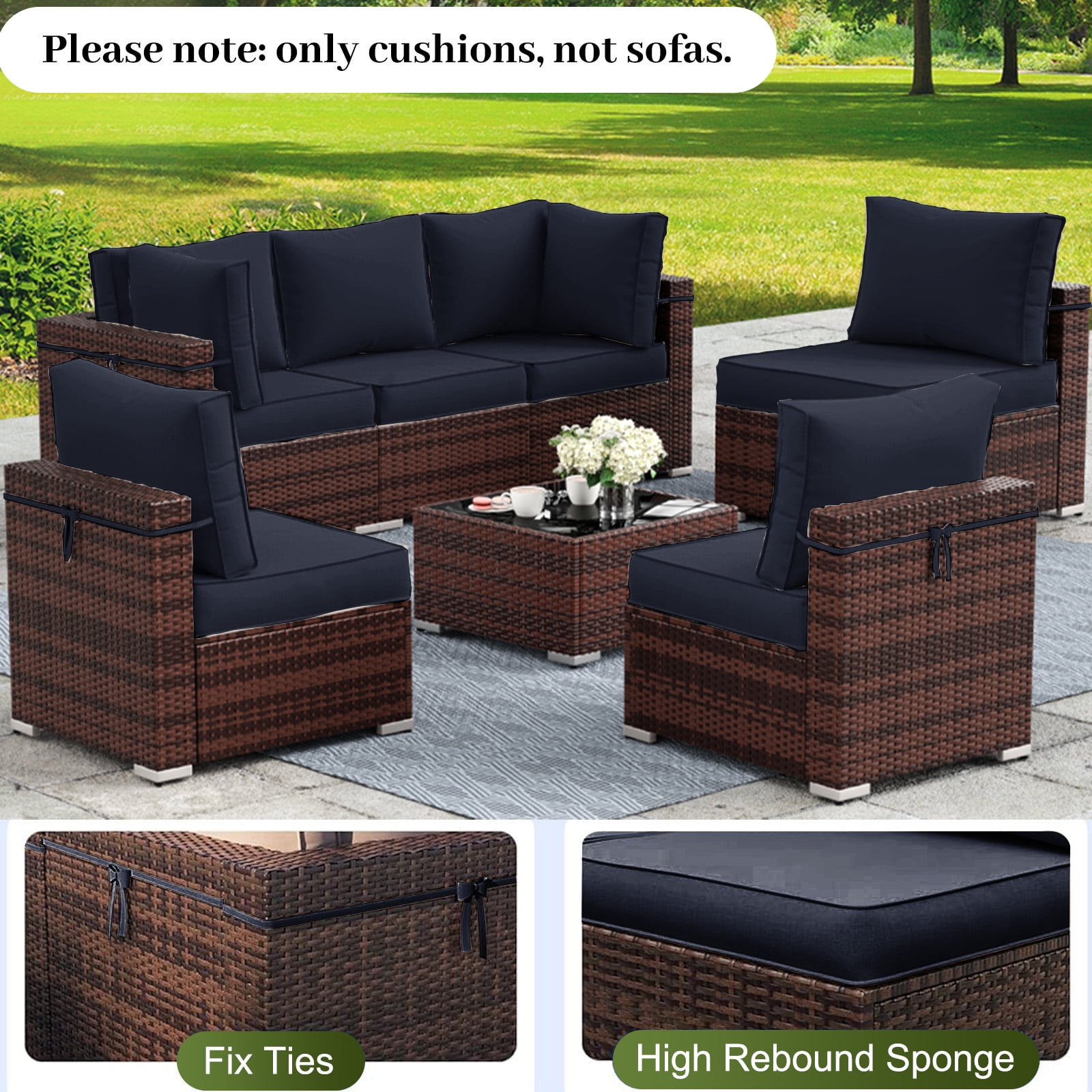 PUKNLY Outdoor Furniture Replacement Cushions, Fits 6-seat Sectional Rattan Conversation Set, 14 Piece Patio Water-Resistant Replacement Sofa Cushions, Liner&Cover