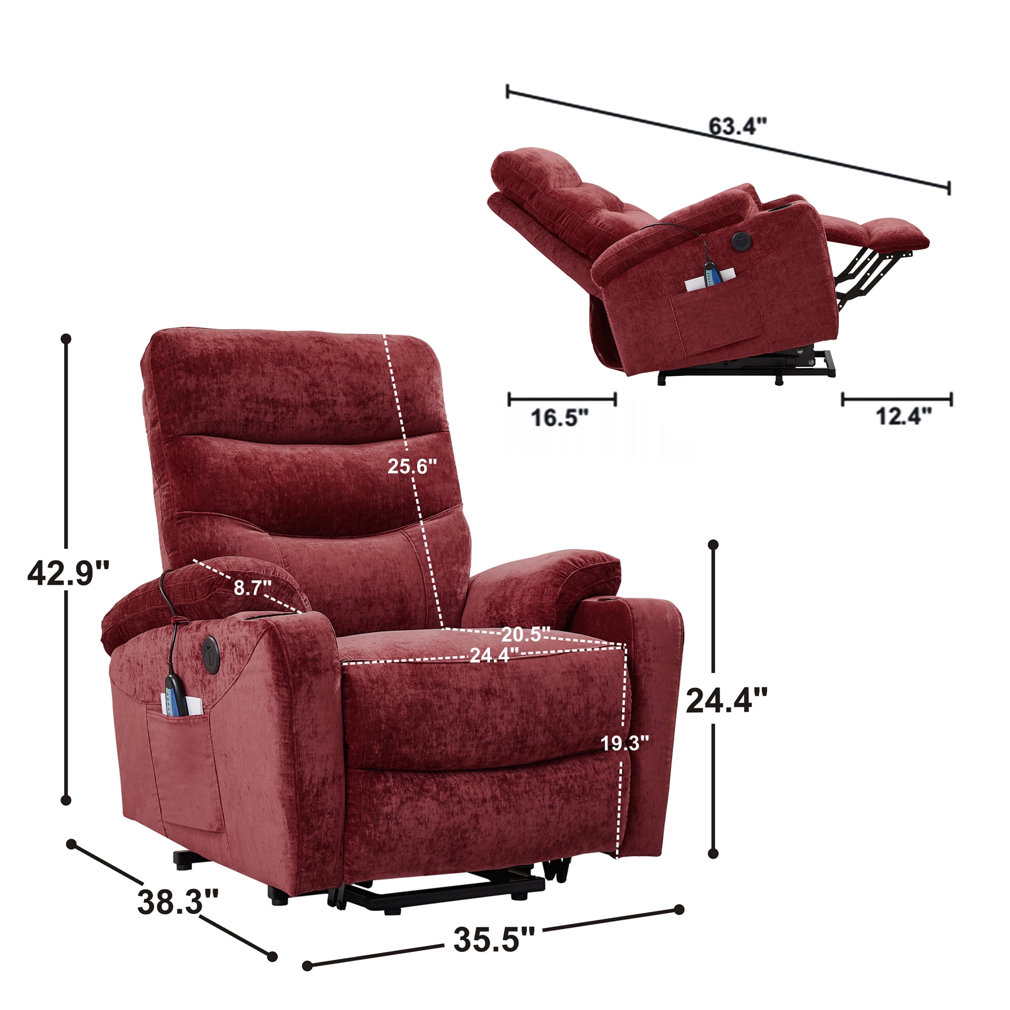 Aukfa Electric Power Lift Recliner Chair with Massage and Heat, USB Ports, 2 Side Pockets, Cup Holders for Elderly, Red