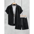 thumbnail image 5 of Men'S Waffle Knit 2-Piece Outfit with Button Down Shirt and Shorts for Summer Black XL, 5 of 8
