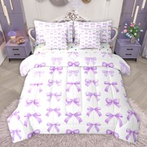 jejeloiu Chic Bow Knot 7-Piece Bedding Comforter Set,Kawaii Cartoon Bowtie King Bedding Sets,Purple White Bed Sheets For Girls Teens,Super Cozy Room Decor Reversible