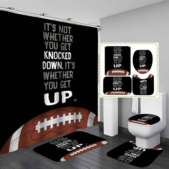 4PCS/Set Navy Blue White Stripe Texas Star Shower Curtain, American Sports Athlete Football Bathroom Decor, Waterproof Fabric Bath Curtain Non-slip Bath Rugs Soft Toilet Carpet