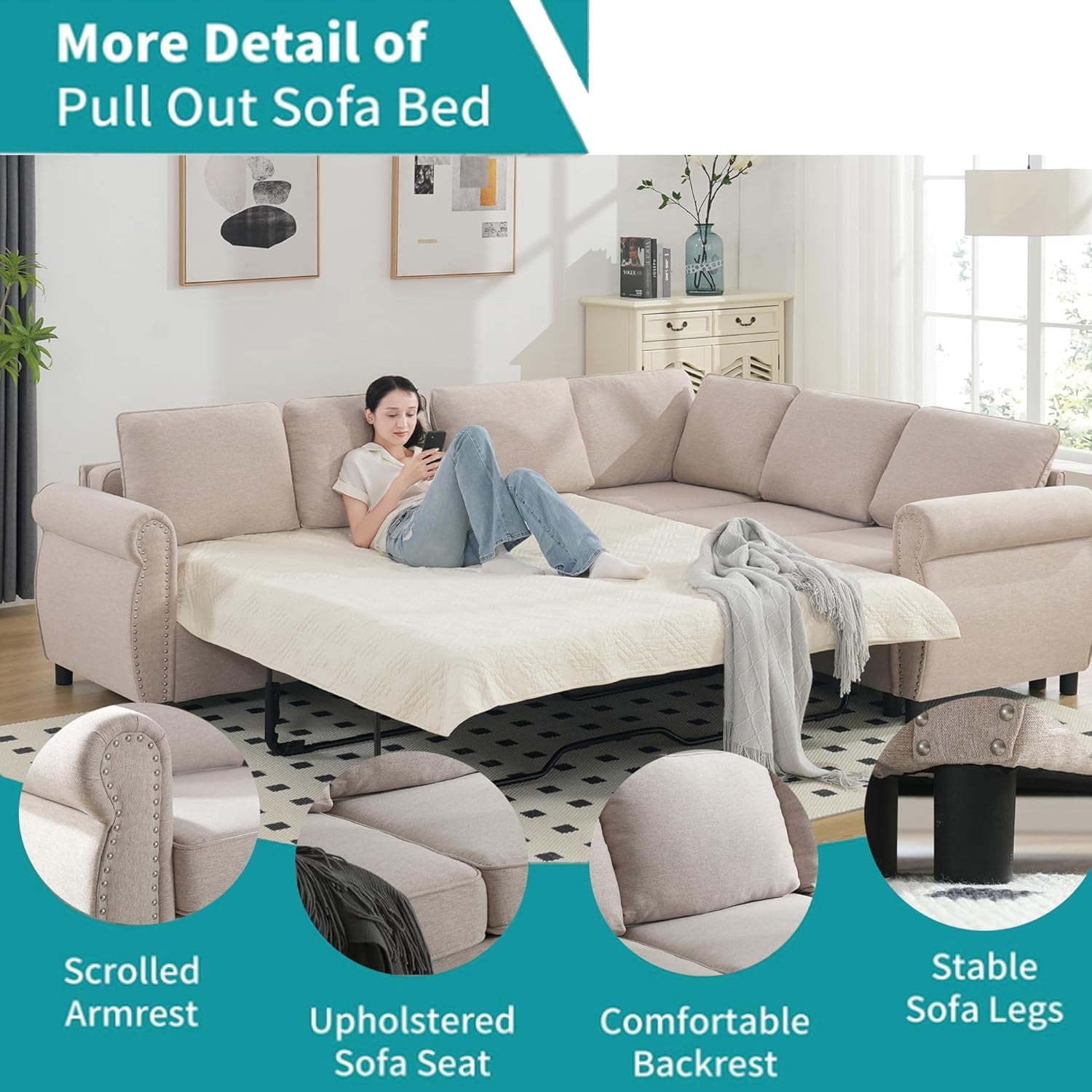 Sleeper Sofa Bed, Pull Out Couch with Mattress, 104'' 6 Seater Upholstery Sectional Couches, Modern Comfy L Shape Sofa Couch, Living Room Furniture for Living Room, Apartment, Studio, Beige