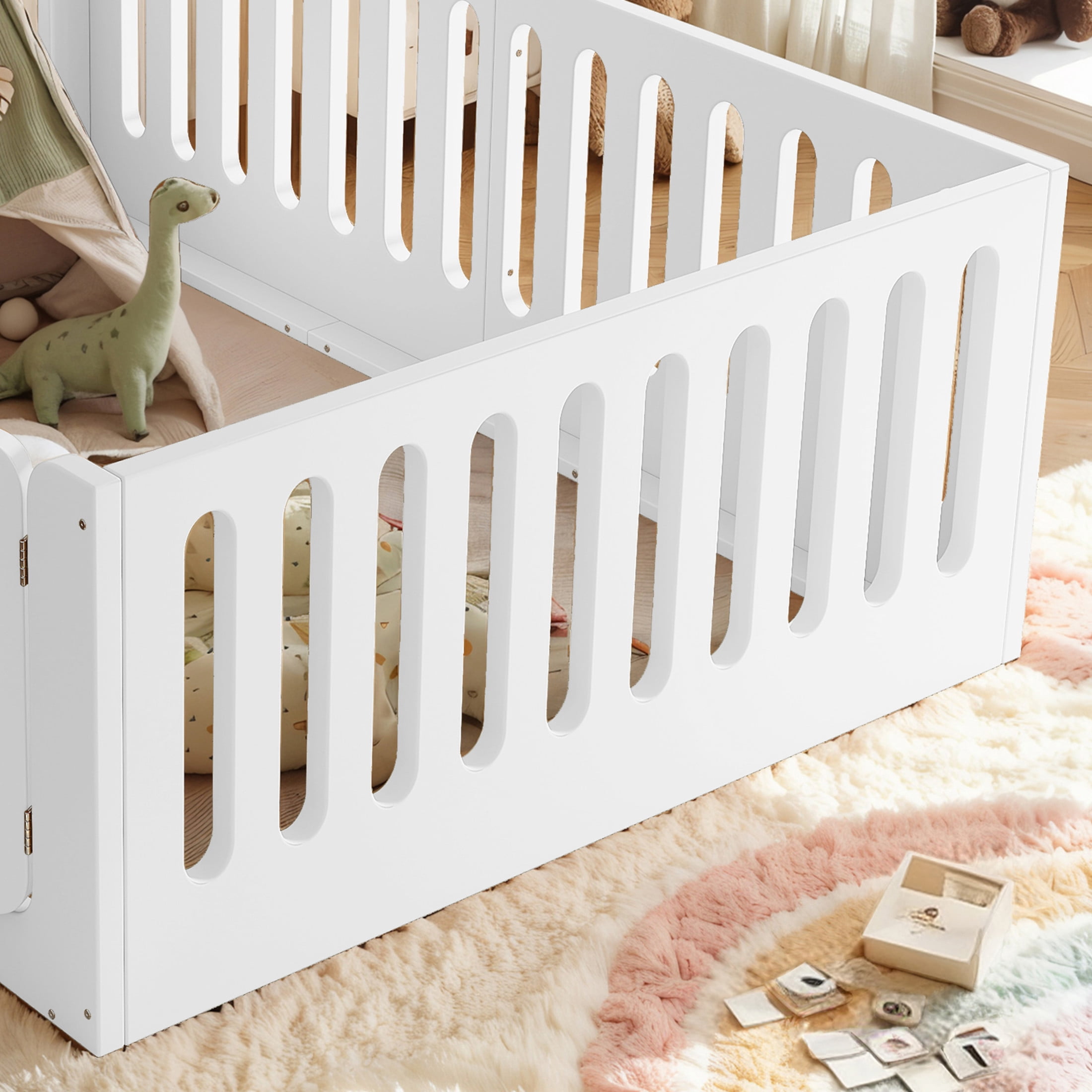 GDF Studio Full Size Montessori Floor Bed with High Guardrails & Door, Low-Profile Design, White