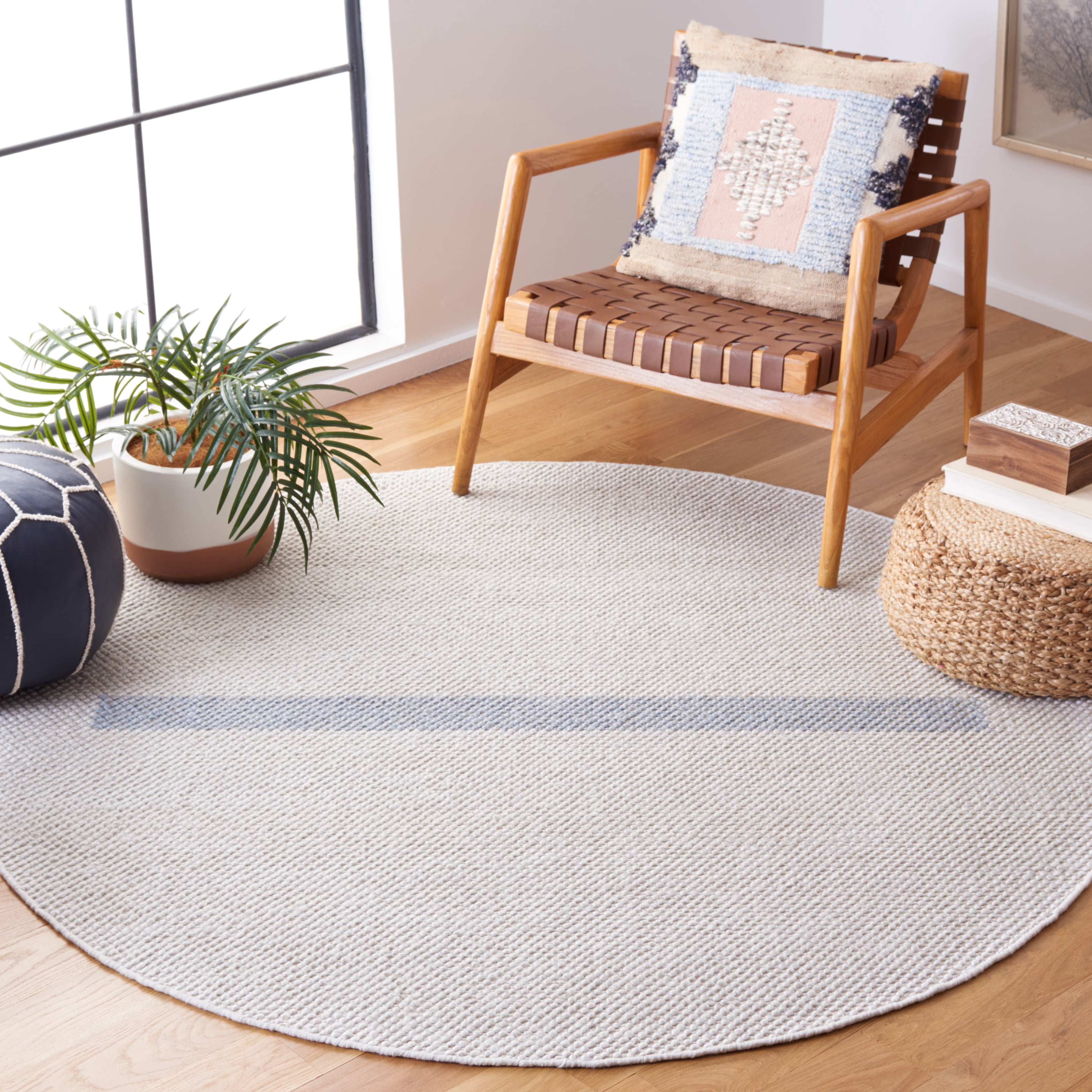 SAFAVIEH Natura Marina Striped Wool Area Rug, Ivory/Light Blue, 6' x 6' Round