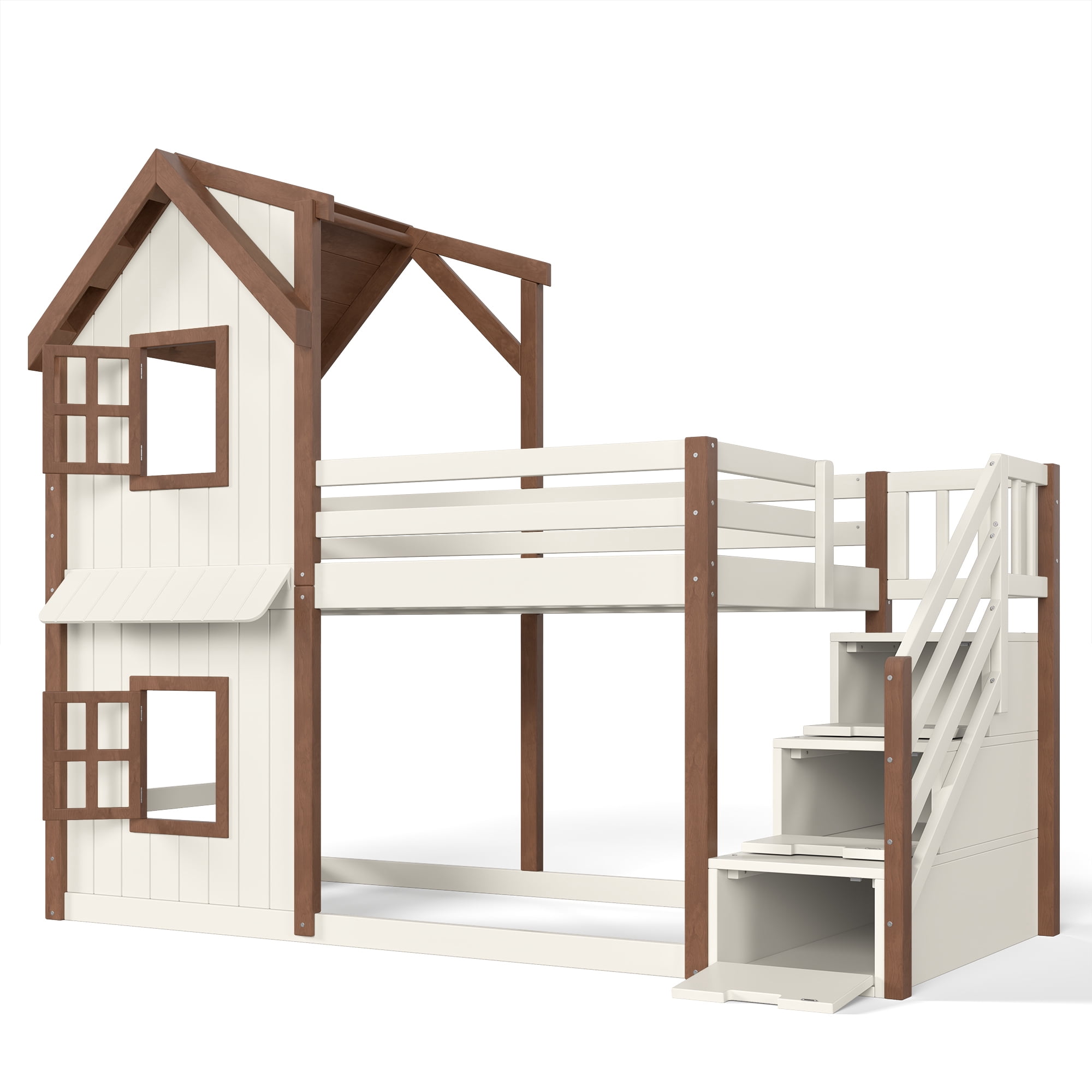 Leumius Twin over Twin House Bunk Bed with Storage Stairs, Kids Playhouse Bunk Bed with Roof and Windows, Solid Wood Bed Frame with Multifunctional Lower Space, Beige & Natural