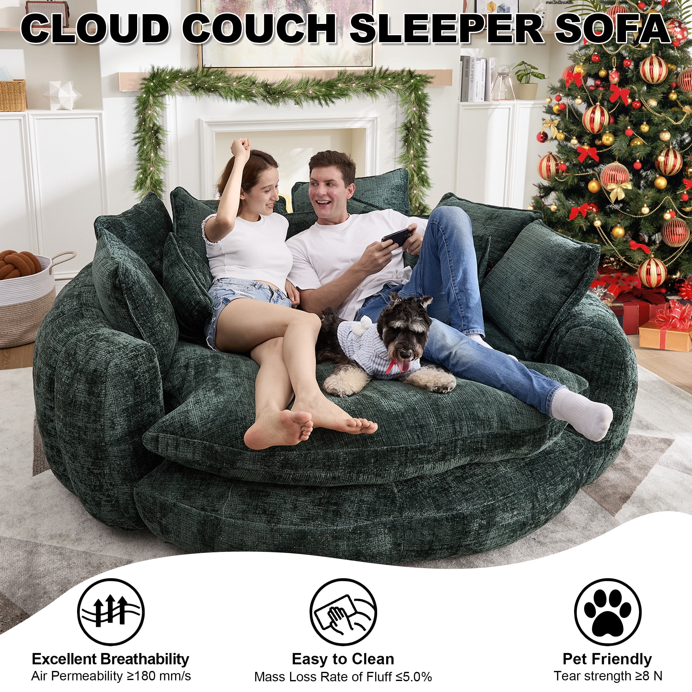 Aukfa 81.1" Oversized Cloud Couch Sleeper Sofa with Round Chaise Lounge, Modern Chenille Upholstered Boneless Sofa with Memory Foam and 14 Pillows, Emerald