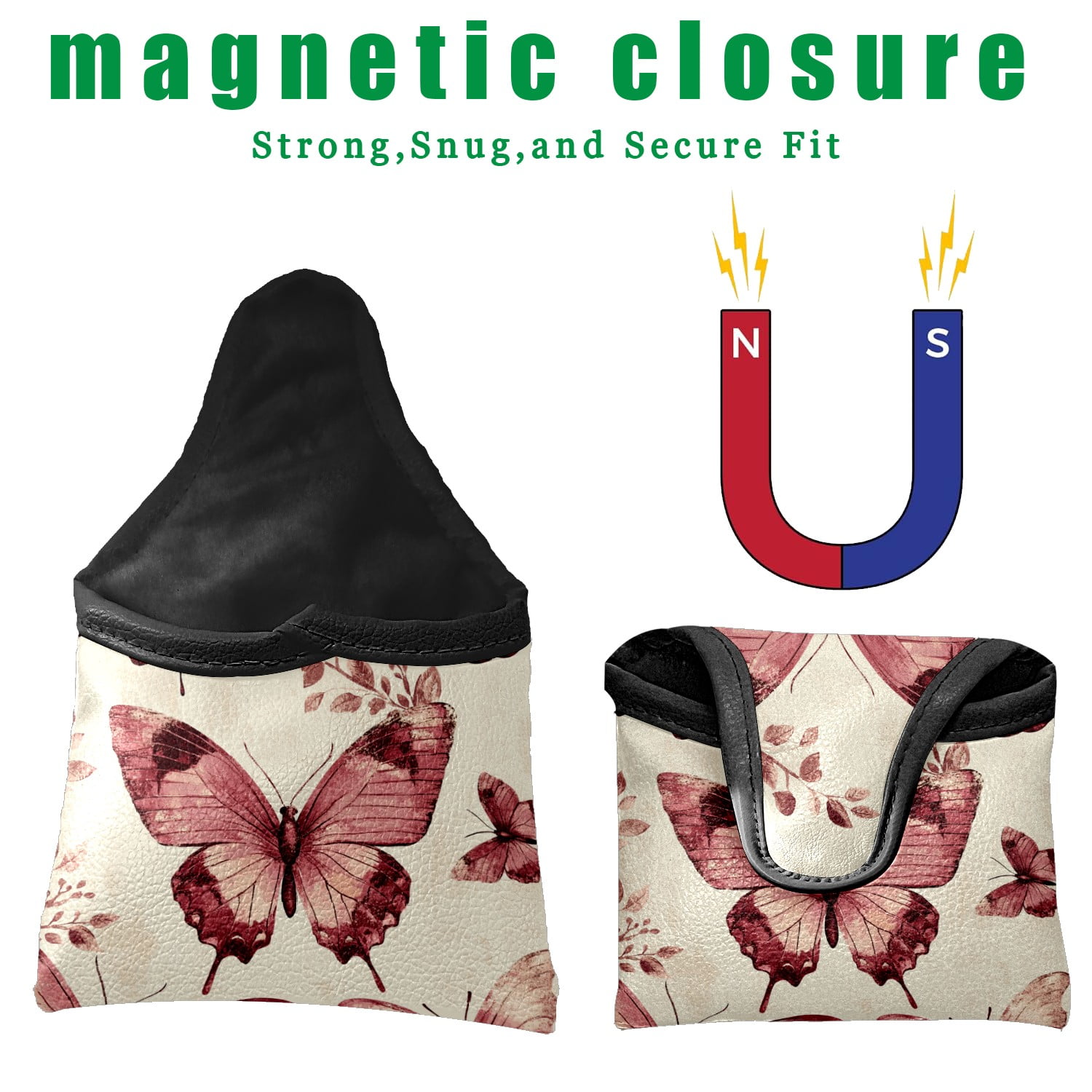 Golf Mallet Putter Cover Premium Leather Waterproof Golf Putter Head Cover with Magnetic Closure Rose-red Butterfly