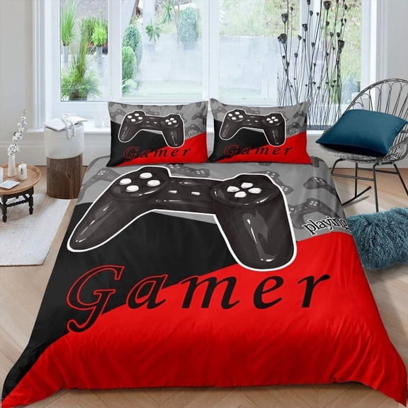 Kids Gaming Twin Size Comforter Set with 1 Comforter and 2 Pillowcase, All Season Reversible Game Controller Home Decor, Red