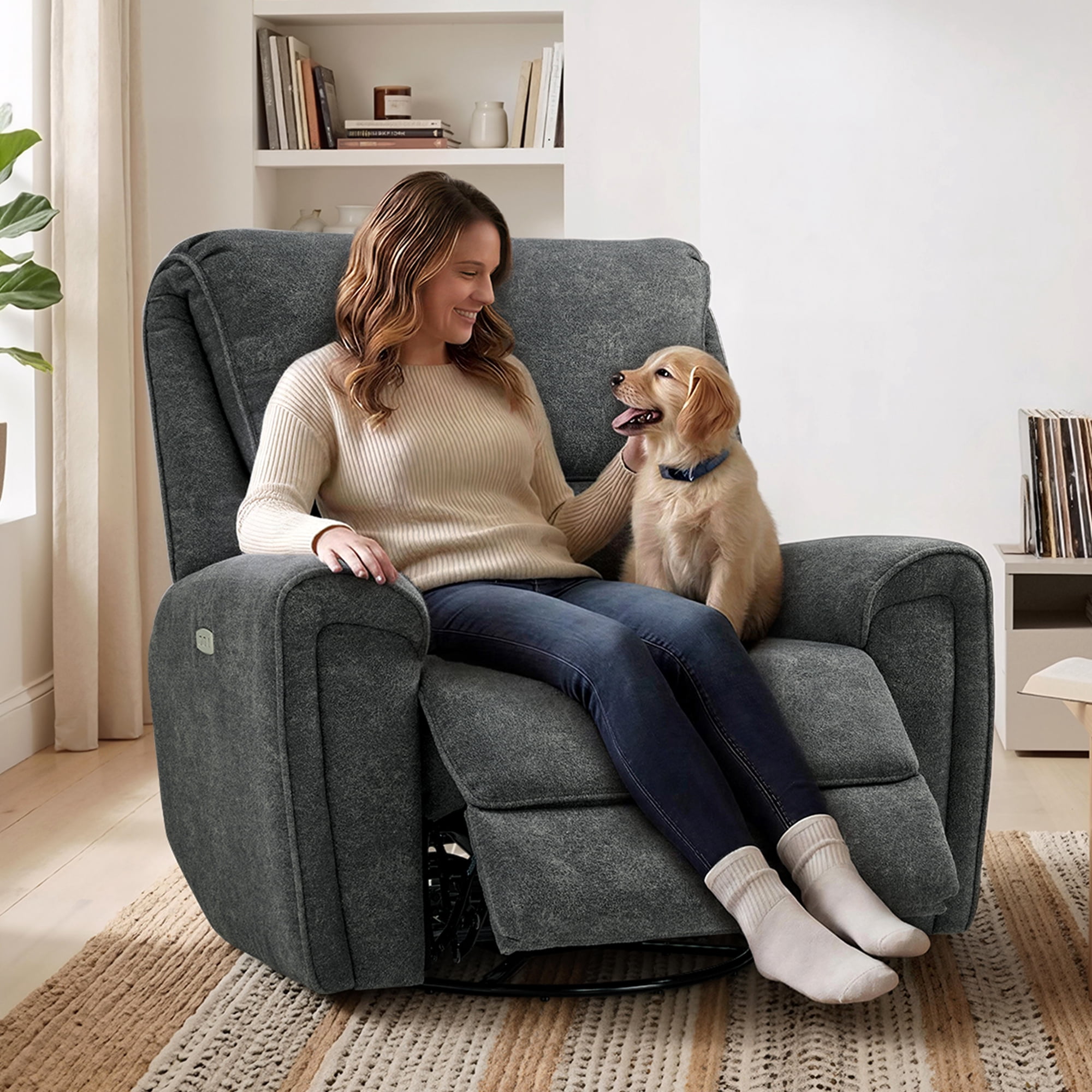 MCombo 400lbs Oversized Swivel Rocker Power Recliner Chair for Big and Tall People, Fabric, Dark Grey